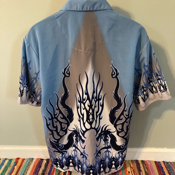 90s Dragon Fire Flames Geometric Button Shirt Polyester Medium - Picture 5 of 8